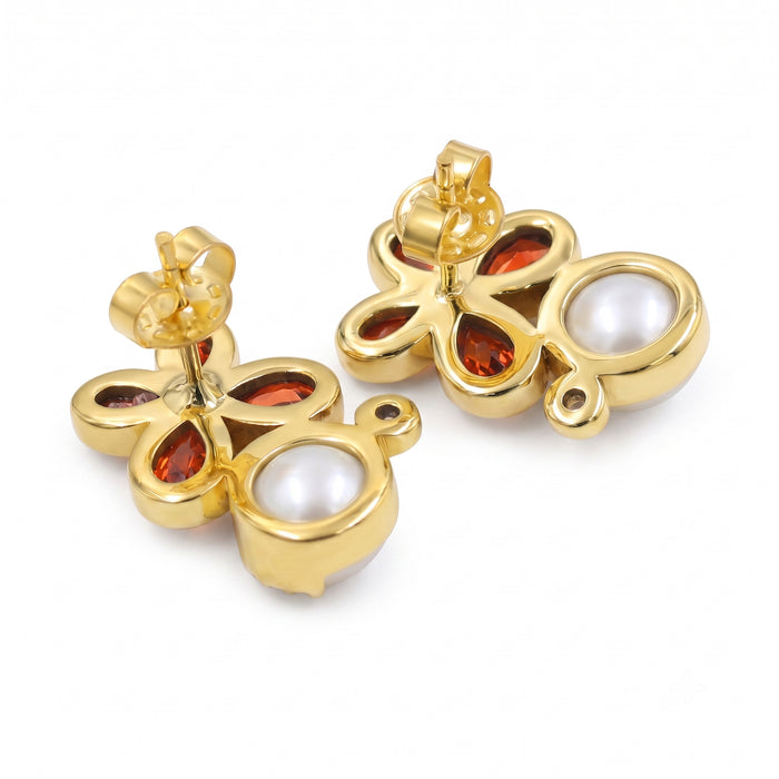 18K Gold Plated Natural Garnet and Pearl Floral Stud Earrings with Swarovski Crystals