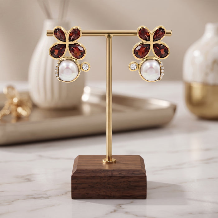 18K Gold Plated Natural Garnet and Pearl Floral Stud Earrings with Swarovski Crystals
