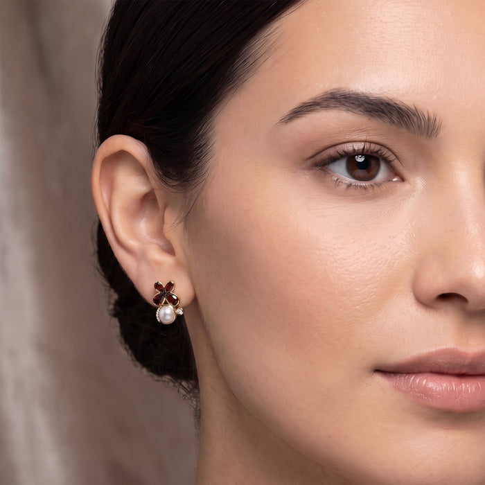 18K Gold Plated Natural Garnet and Pearl Floral Stud Earrings with Swarovski Crystals