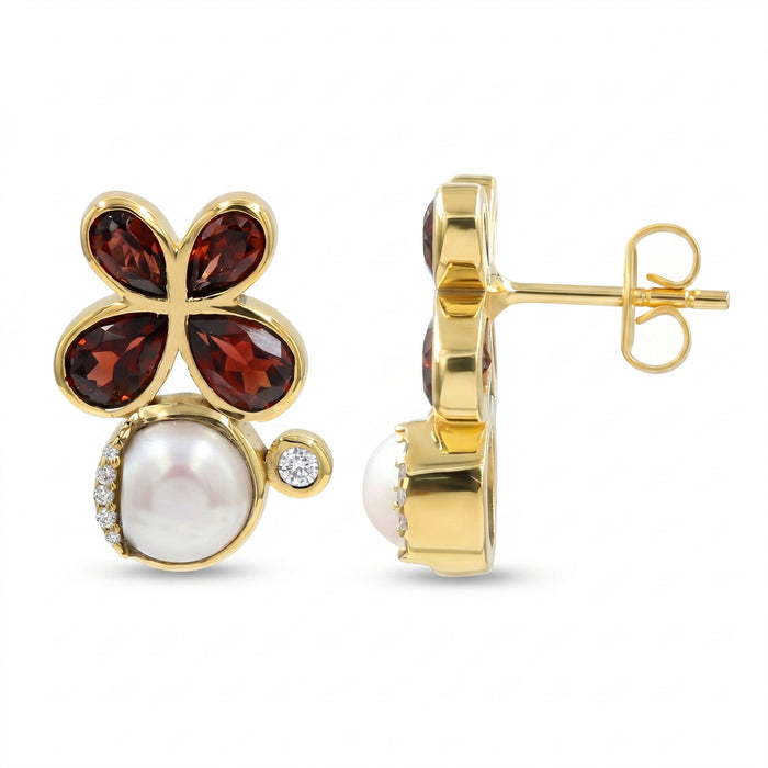 18K Gold Plated Natural Garnet and Pearl Floral Stud Earrings with Swarovski Crystals