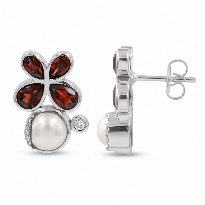 Natural Garnet and Pearl Floral Stud Earrings with Swarovski Crystals | Silver Plated