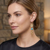 Woman wearing gold earrings with turquoise stones against a stone wall background