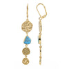 Gold and turquoise earrings on a white background