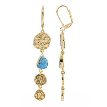 Gold and turquoise earrings on a white background