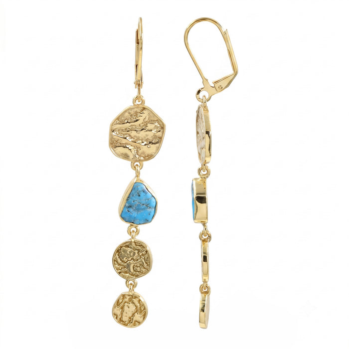 Gold and turquoise earrings on a white background
