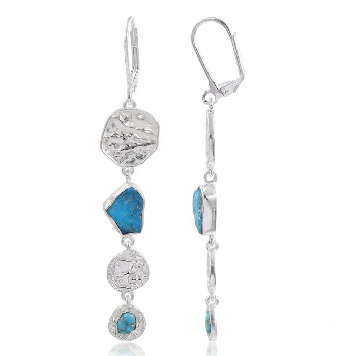 A pair of silver leverback dangle earrings featuring textured and polished silver discs with small, irregular blue turquoise stones, shown against a plain white background.