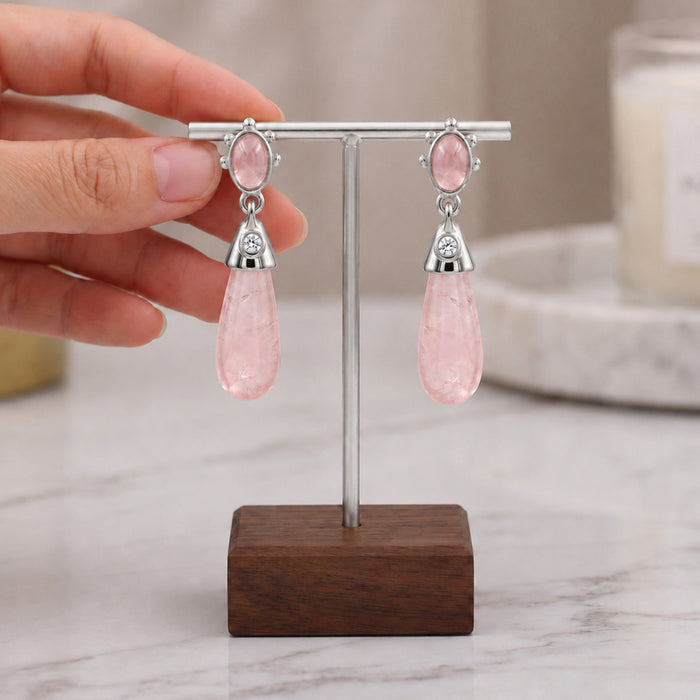 Natural rose quartz drop earrings with oval rose quartz, Swarovski crystal accents