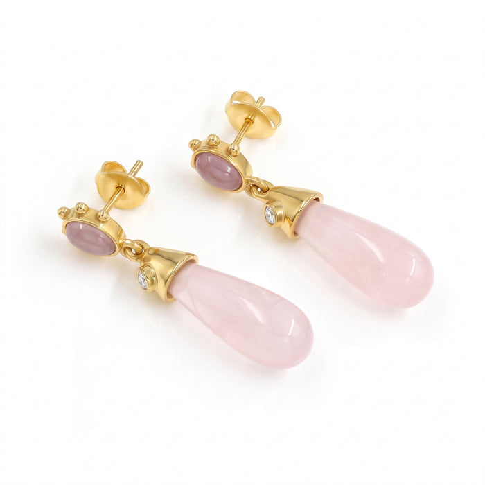 Natural rose quartz drop earrings with oval rose quartz, Swarovski crystal accents