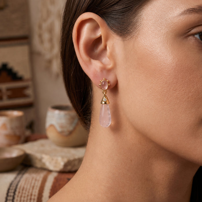 Natural rose quartz drop earrings with oval rose quartz, Swarovski crystal accents