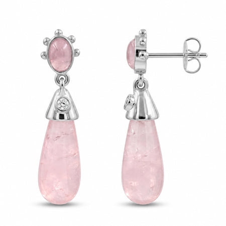 Natural rose quartz drop earrings with oval rose quartz, Swarovski crystal accents