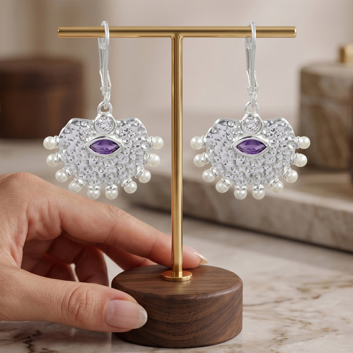 Natural Amethyst & Freshwater Pearl Drop Earrings – 18K Gold Plated
