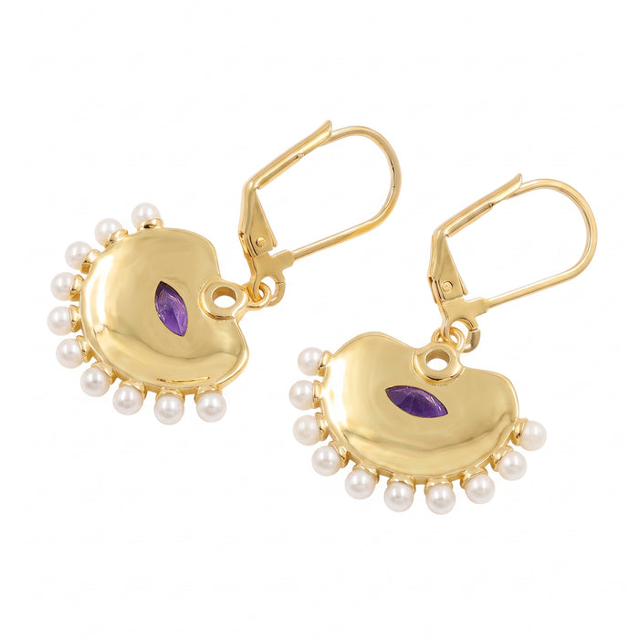 Natural Amethyst & Freshwater Pearl Drop Earrings – 18K Gold Plated