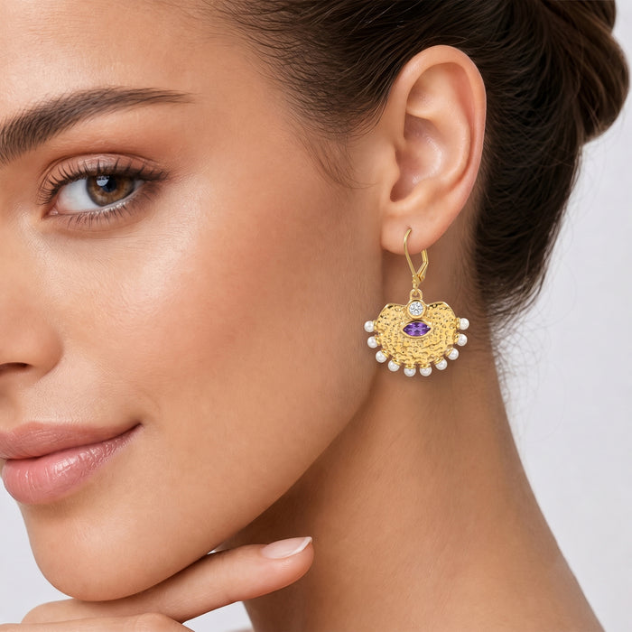 Natural Amethyst & Freshwater Pearl Drop Earrings – 18K Gold Plated