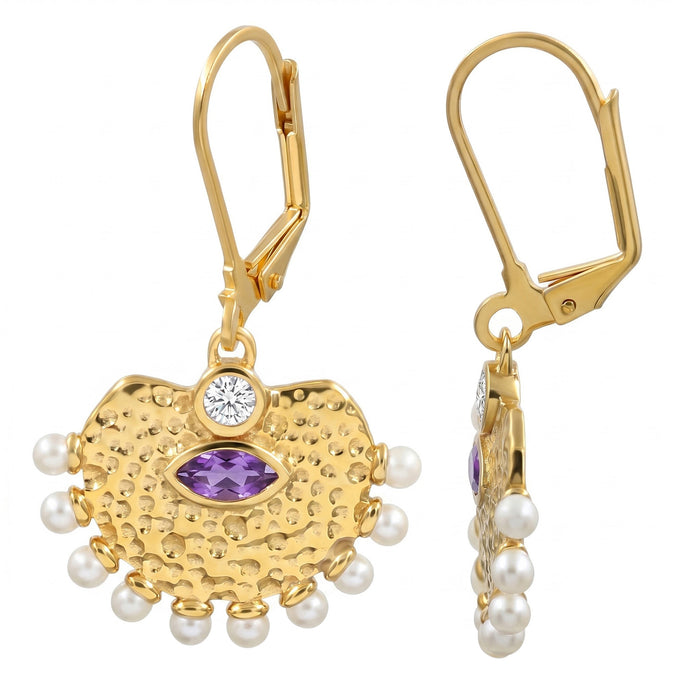 Natural Amethyst & Freshwater Pearl Drop Earrings – 18K Gold Plated