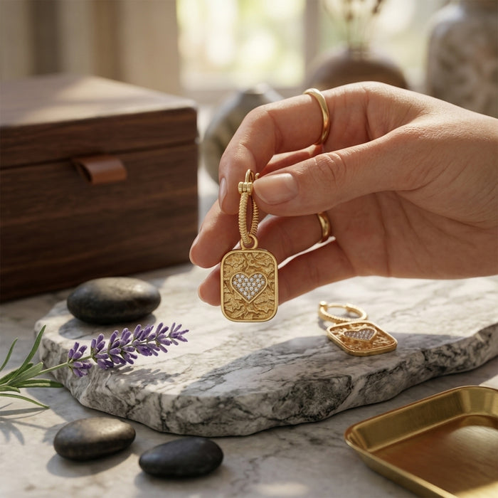 A hand holds a gold heart-shaped pendant with a textured rope bail and a small pavé heart in the center. Another matching pendant rests on a marble slab beside stones, lavender, and a wooden box in a softly lit setting.