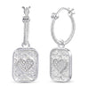 A pair of silver hoop earrings with rectangular dangling charms. Each charm features a textured silver background, a central pavé heart, and a twisted rope detail leading to the hoop.