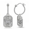 A pair of silver drop earrings featuring textured rectangular pendants with a butterfly motif paved with small clear stones, shown on a white background.