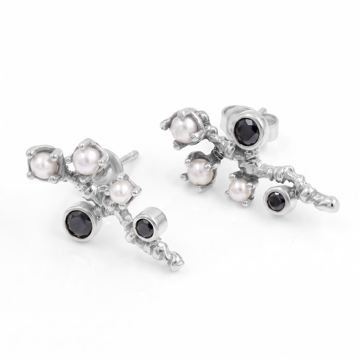 Natural Black Onyx and Freshwater Pearl Branch Stud Earrings in Silver Plated Finish