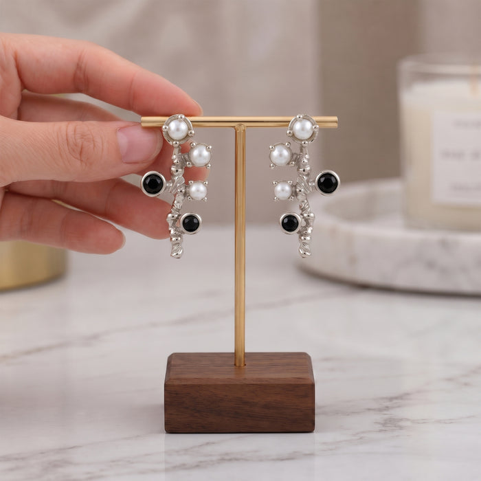 Natural Black Onyx and Freshwater Pearl Branch Stud Earrings in Silver Plated Finish