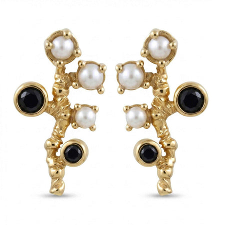 Natural Black Onyx & Pearl Stud Earrings | 18K Gold Plated