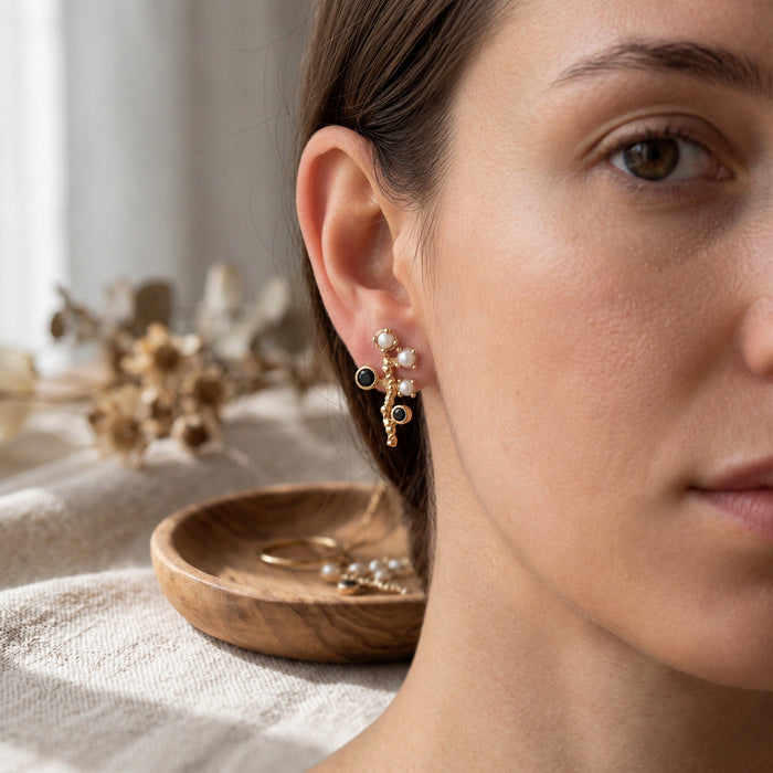 Natural Black Onyx and Freshwater Pearl Branch Stud Earrings in 18K Gold Plated Finish