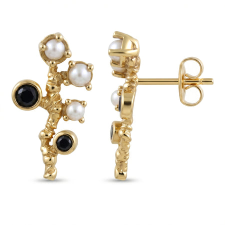 Natural Black Onyx and Freshwater Pearl Branch Stud Earrings in 18K Gold Plated Finish