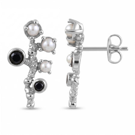Natural Black Onyx and Freshwater Pearl Branch Stud Earrings in Silver Plated Finish