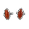 Red onyx J-Hoop earrings with Swarovski crystals in silver plated finish, displayed on white background.