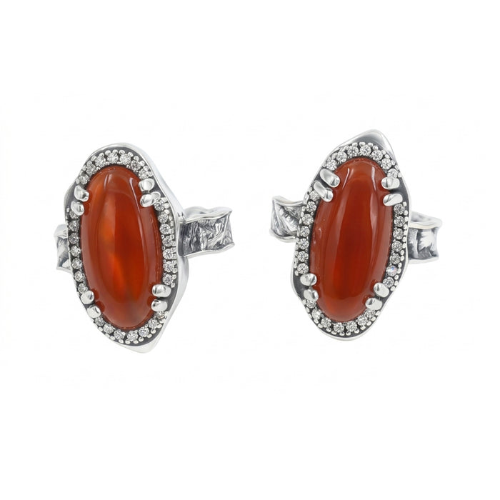Red onyx J-Hoop earrings with Swarovski crystals in silver plated finish, displayed on white background.
