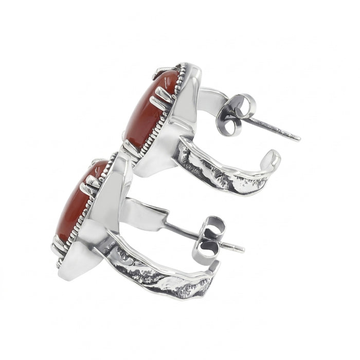 Red onyx J-Hoop earrings with Swarovski crystals in silver plated finish, displayed on white background.