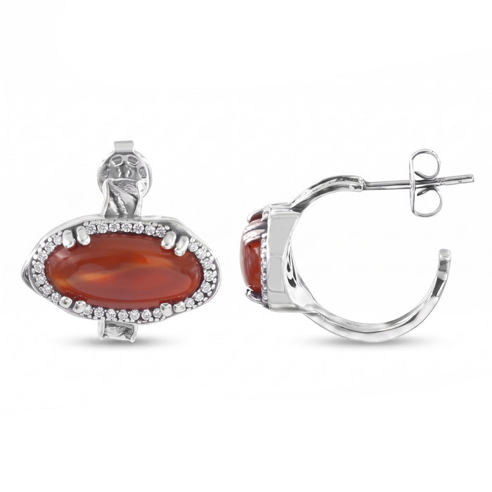 Red onyx J-Hoop earrings with Swarovski crystals in silver plated finish, displayed on white background.
