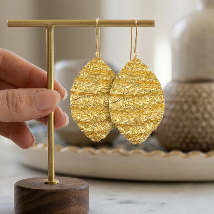 Gold Plated Textured Oval Dangle Earrings