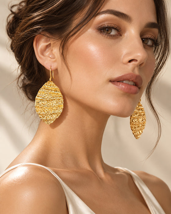 Gold Plated Textured Oval Dangle Earrings