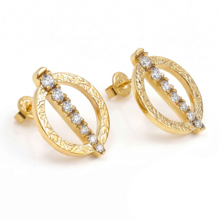 Textured Circle & Swarovski Crystal Bar Stud Earrings – Gold & Silver Plated