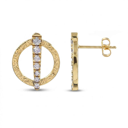 Textured Circle & Swarovski Crystal Bar Stud Earrings – Gold & Silver Plated