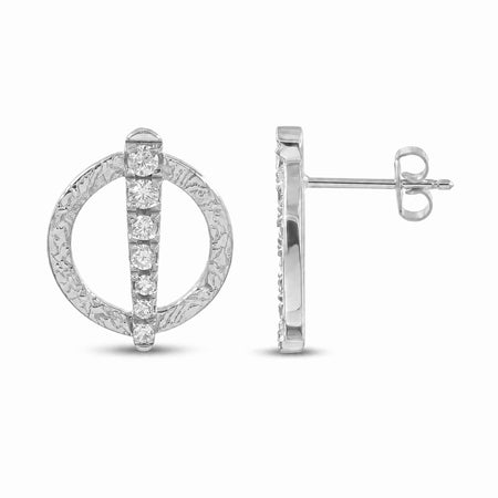 Textured Circle & Swarovski Crystal Bar Stud Earrings – Gold & Silver Plated