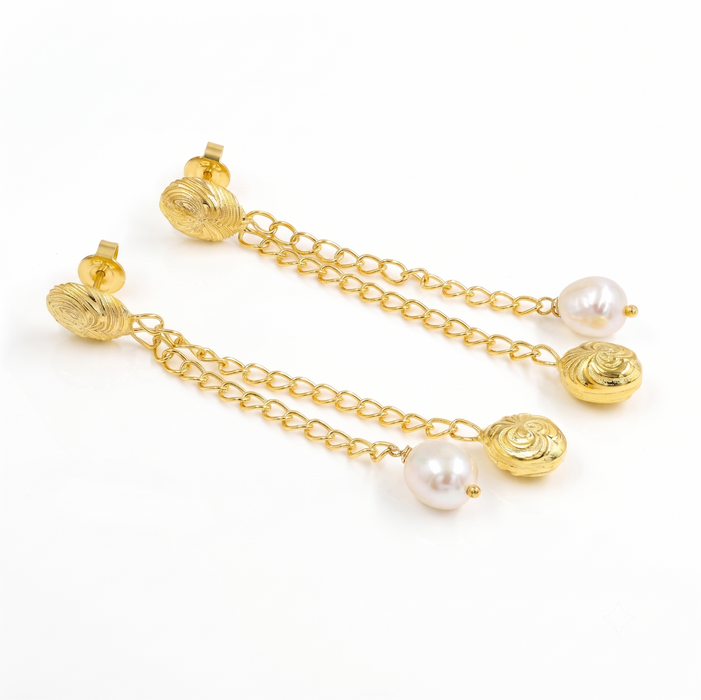 natural freshwater pearl chain drop earrings in 18k gold plated finish