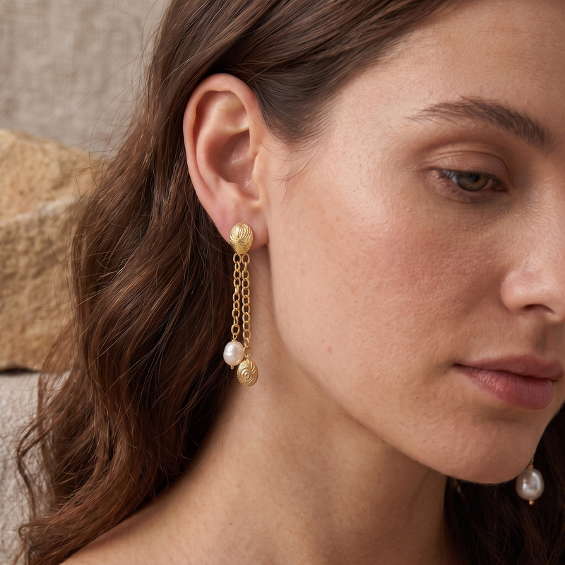 natural freshwater pearl chain drop earrings in 18k gold plated finish