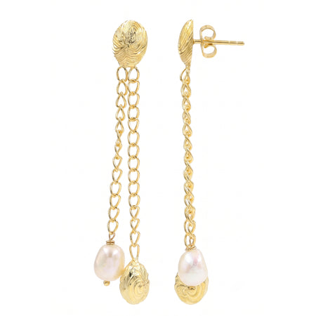 natural freshwater pearl chain drop earrings in 18k gold plated finish