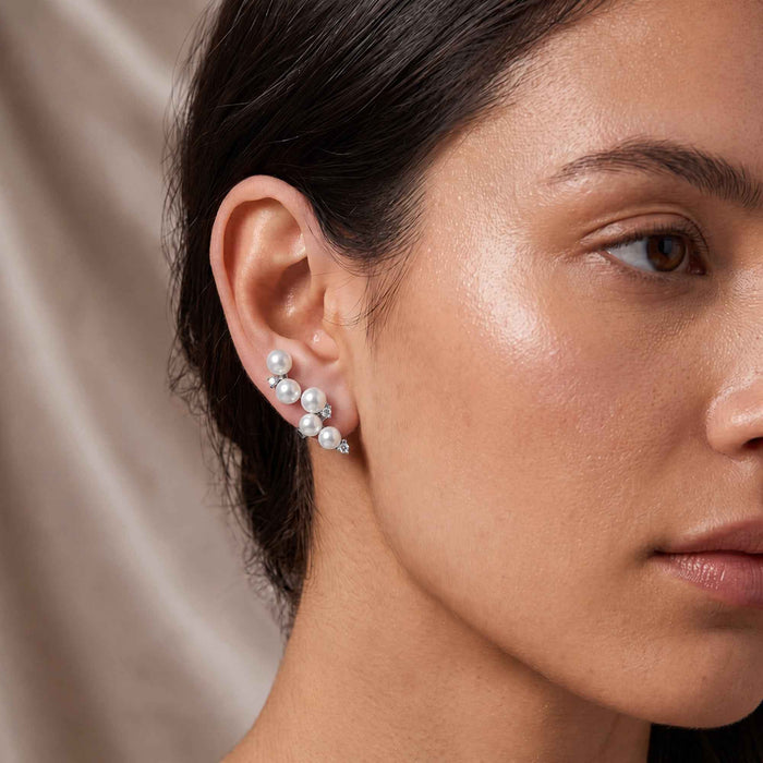 Graduated Pearl Ear Climber Earrings with Swarovski Crystal – 18K Gold & Silver Plated