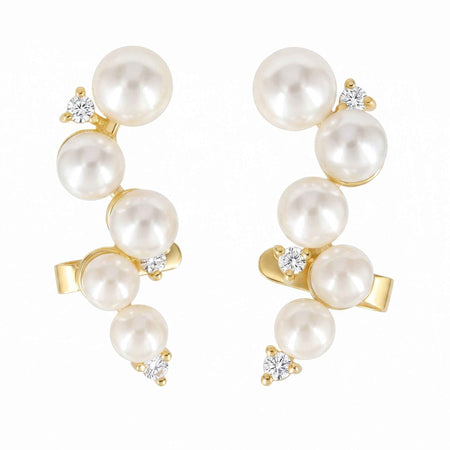 Graduated Pearl Ear Climber Earrings with Swarovski Crystal – 18K Gold & Silver Plated