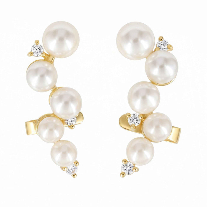 Graduated Pearl Ear Climber Earrings with Swarovski Crystal – 18K Gold & Silver Plated