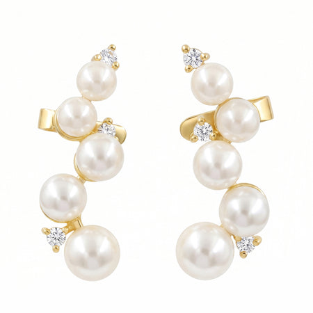 Graduated Pearl Ear Climber Earrings with Swarovski Crystal – 18K Gold & Silver Plated