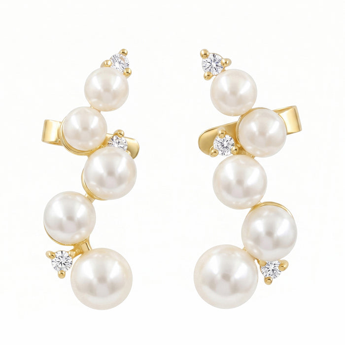 Graduated Pearl Ear Climber Earrings with Swarovski Crystal – 18K Gold & Silver Plated