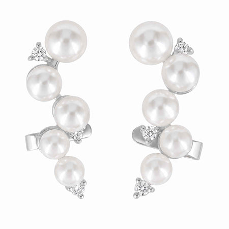 Graduated Pearl Ear Climber Earrings with Swarovski Crystal – 18K Gold & Silver Plated