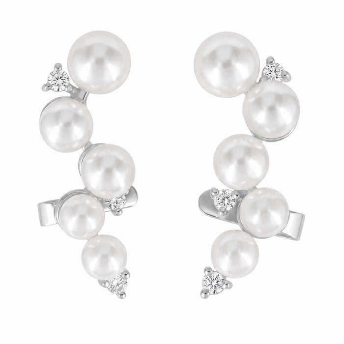 Graduated Pearl Ear Climber Earrings with Swarovski Crystal – 18K Gold & Silver Plated