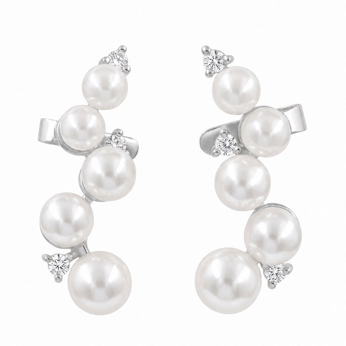 Graduated Pearl Ear Climber Earrings with Swarovski Crystal – 18K Gold & Silver Plated