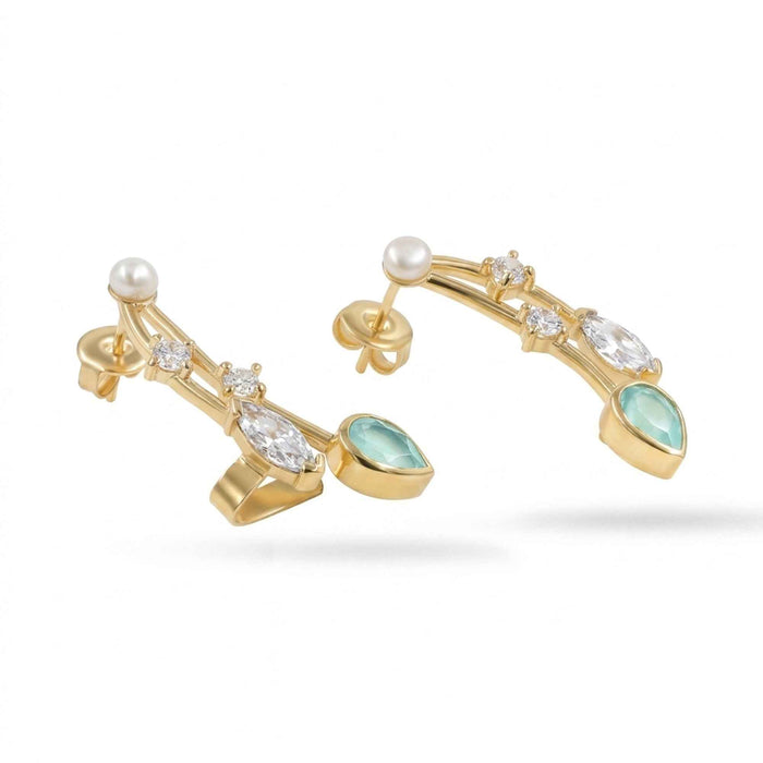 Aquamarine & Pearl Quartz Vine Ear Climber Earrings – 18K Gold & Silver Plated