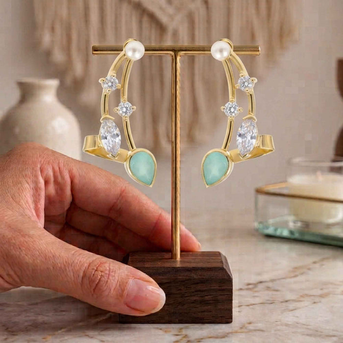 Aquamarine & Pearl Quartz Vine Ear Climber Earrings – 18K Gold & Silver Plated
