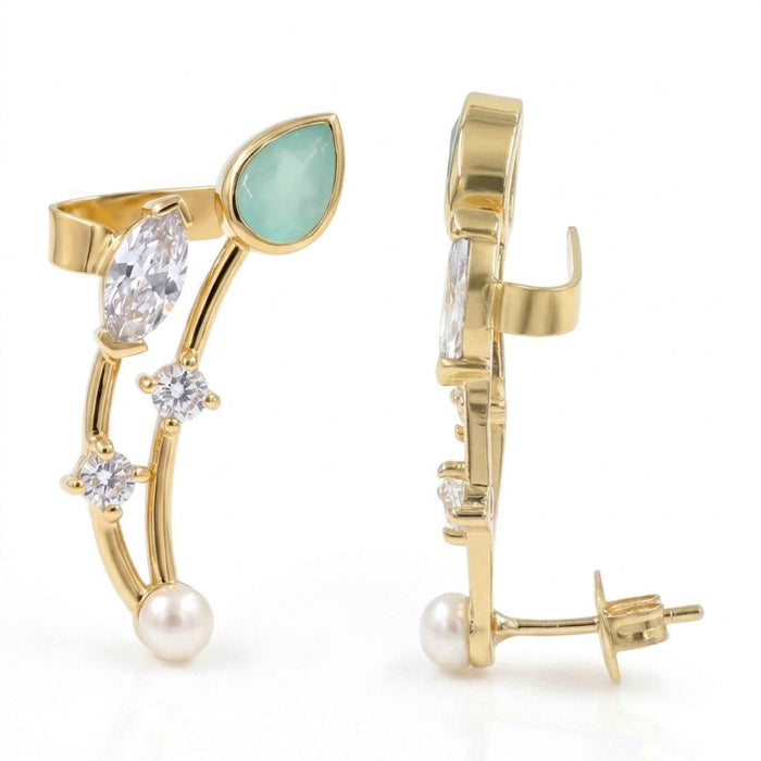 Aquamarine & Pearl Quartz Vine Ear Climber Earrings – 18K Gold & Silver Plated
